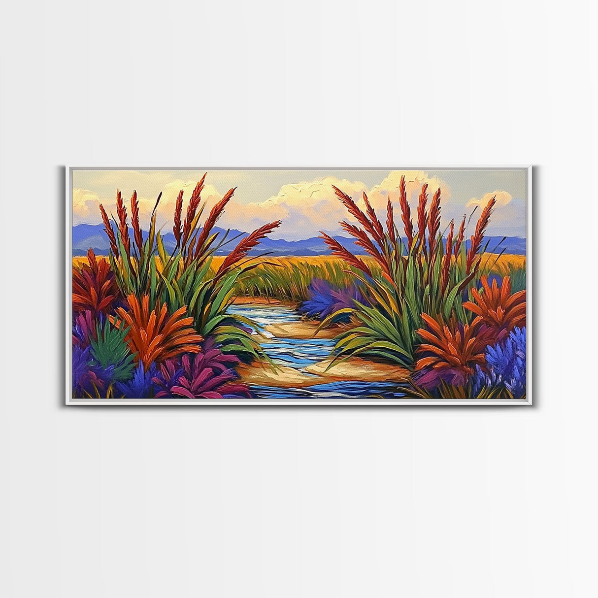Marsh Grassland, Sunset, Scene, Framed Canvas Print rustic farmhouse art, colorful Fall wall decor, bedroom landscape canvas