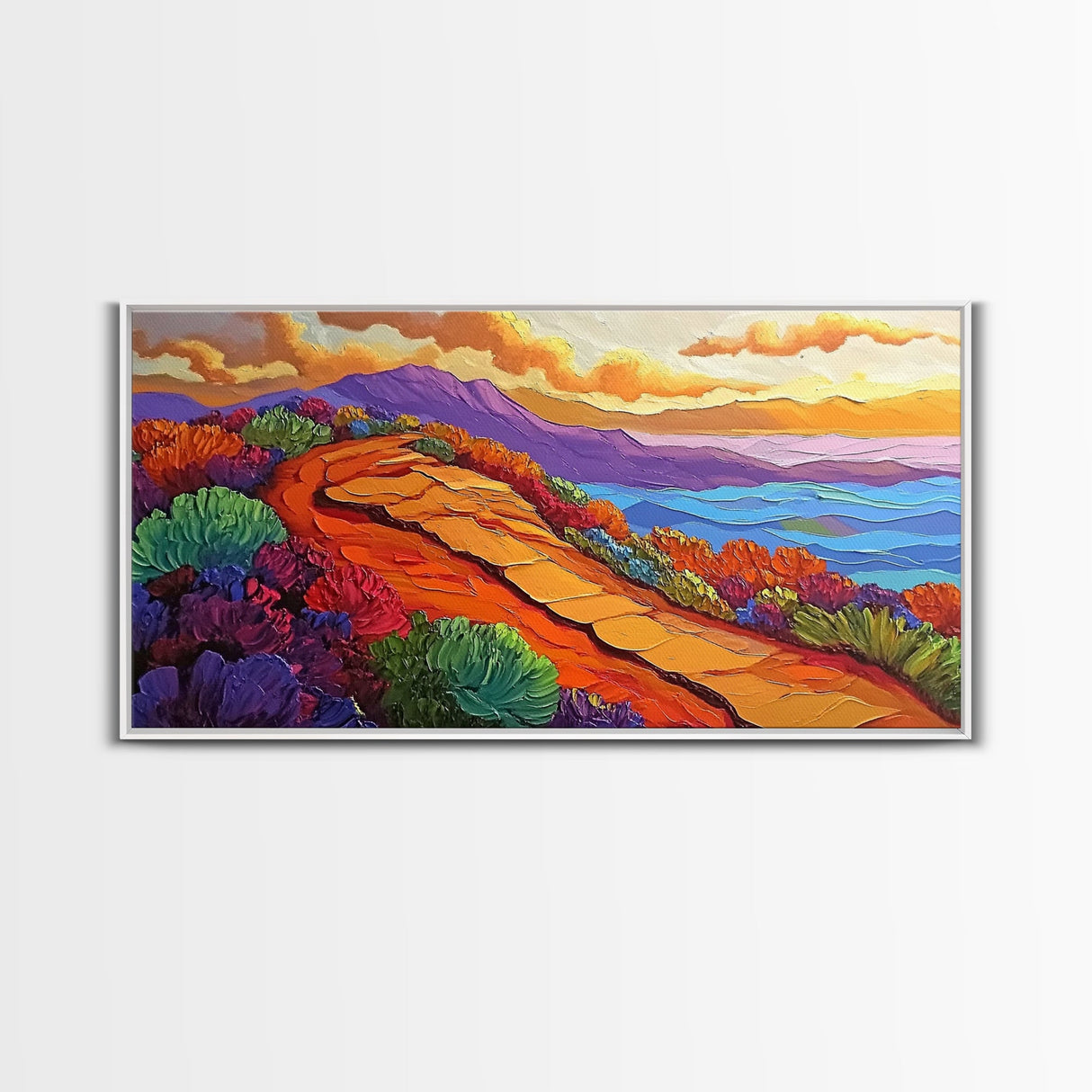 Pathway Mountain, Trail, Sunset, Framed Canvas Print adventure lovers gift, hiking trail art, colorful landscape wall decor