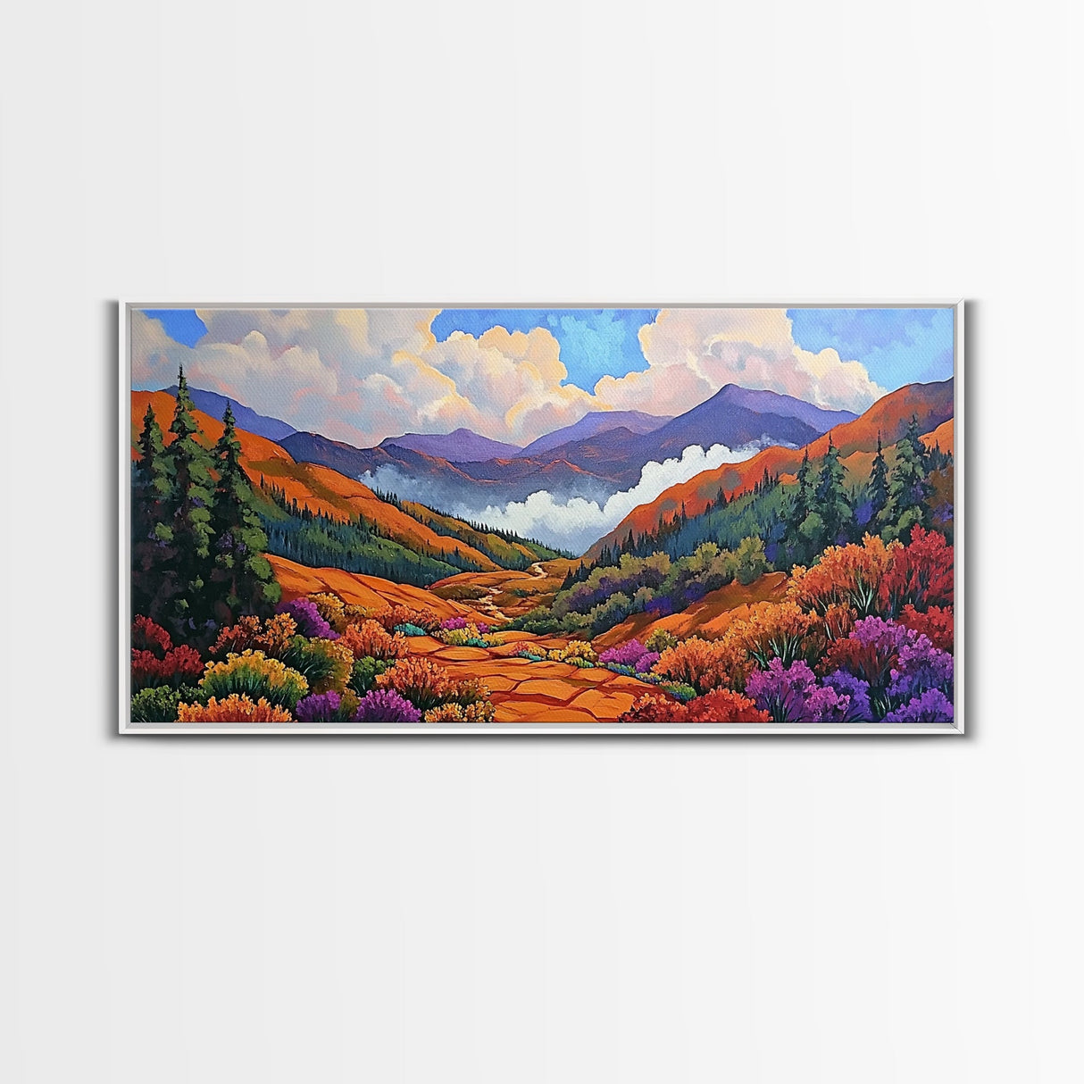 Mountain Valley, Wildflower Trail, Sunset Pathway, Canvas Print, Boho Wall Art, Bedroom or Hallway Decor, Vibrant Nature Painting