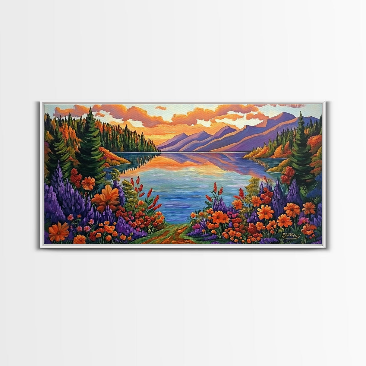 Mountain Lake, Sunset Reflection, Wildflower Meadow, Canvas Print, Vibrant Nature Art, Living Room or Cabin Wall Decor