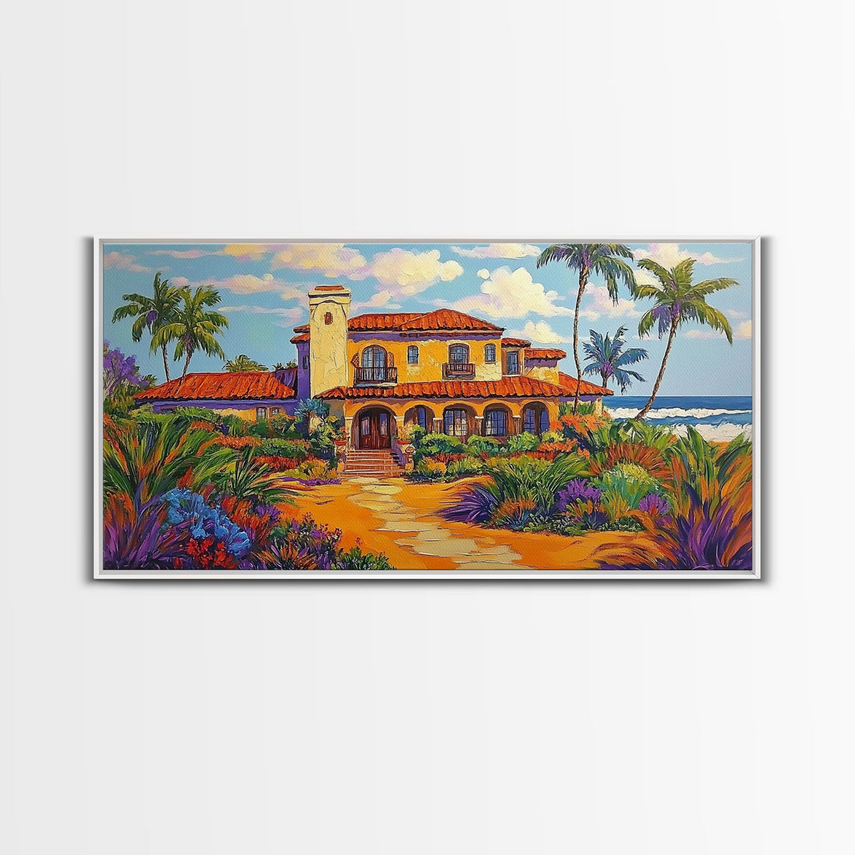 Tropical Villa, Palm Trees, Coastal, Framed Canvas Print, Spanish beach house art perfect Dining Room Wall Art or Vacation Home Decor