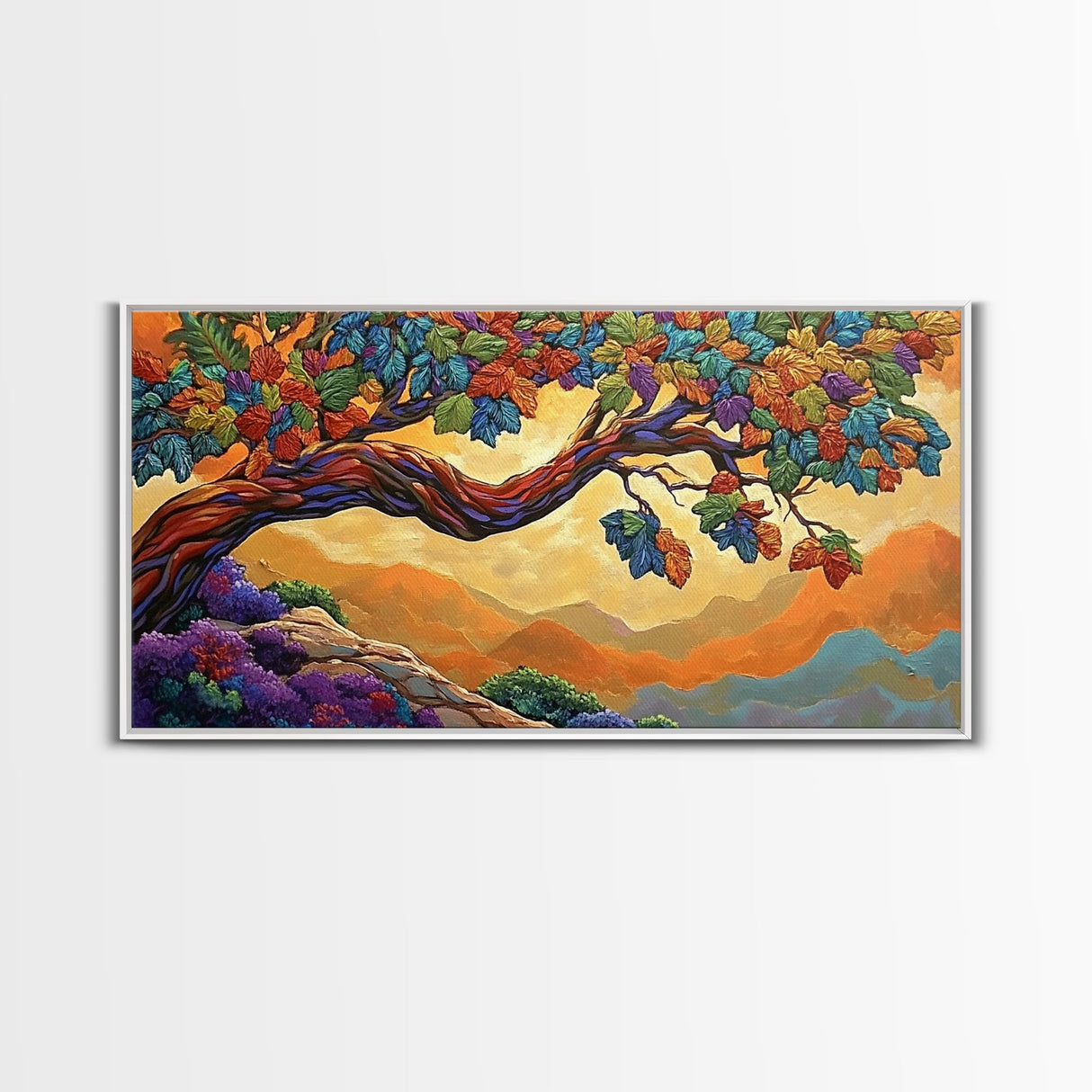 Tree Autumn, Leaves, Branches, Framed Canvas Print, foliage fall decor, mountain wall art, boho style living room, nature painting
