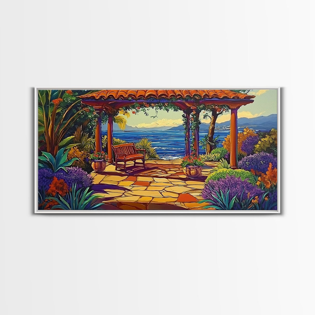 Garden Ocean View, Terrace, Framed Canvas Print, Serene garden bench by the ocean with colorful flowers, perfect Living Room Wall Art