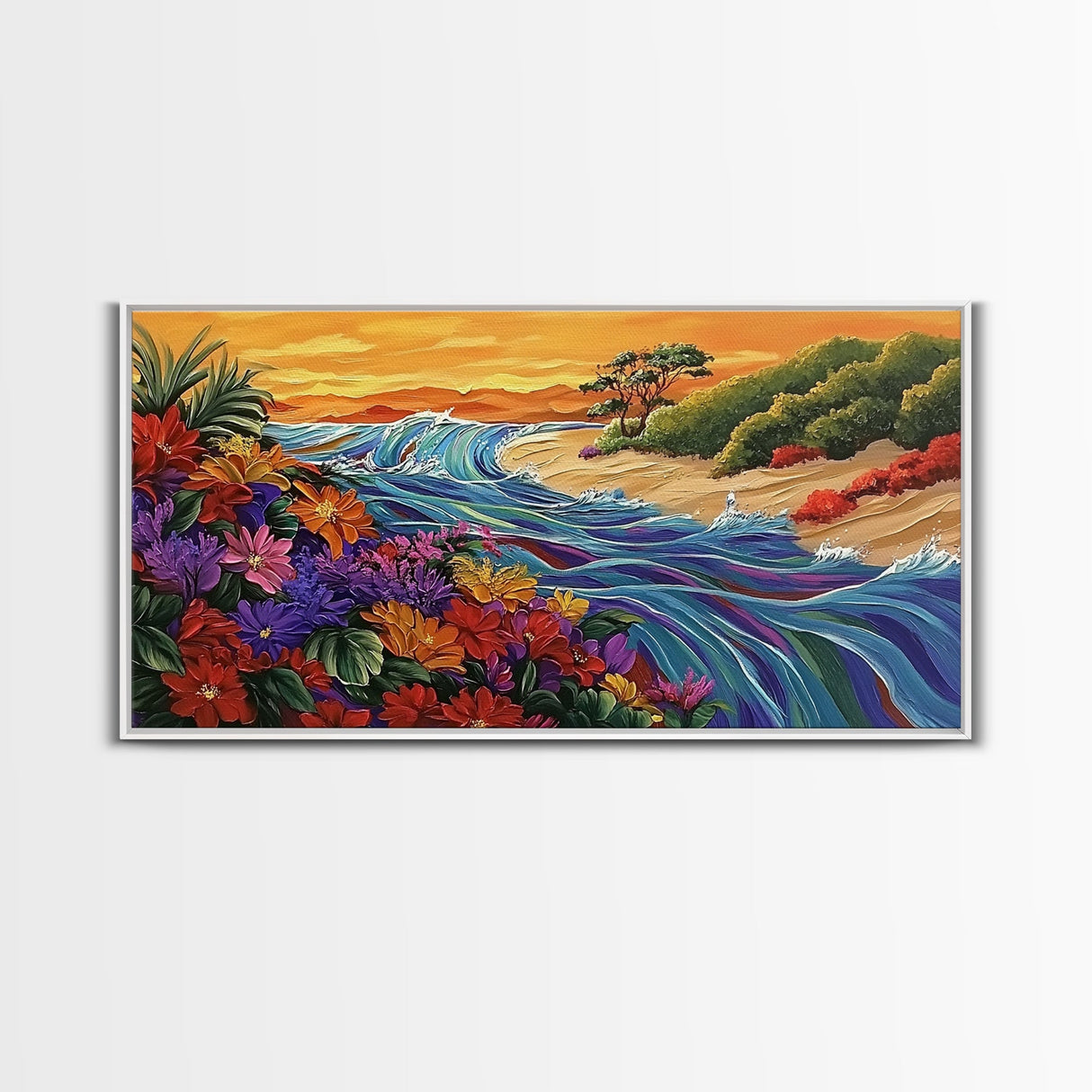 Wildflowers, Coastal Waves, Tropical Shore, Canvas Print, Floral Beach Art, Vibrant Living Room or Kitchen Wall Decor
