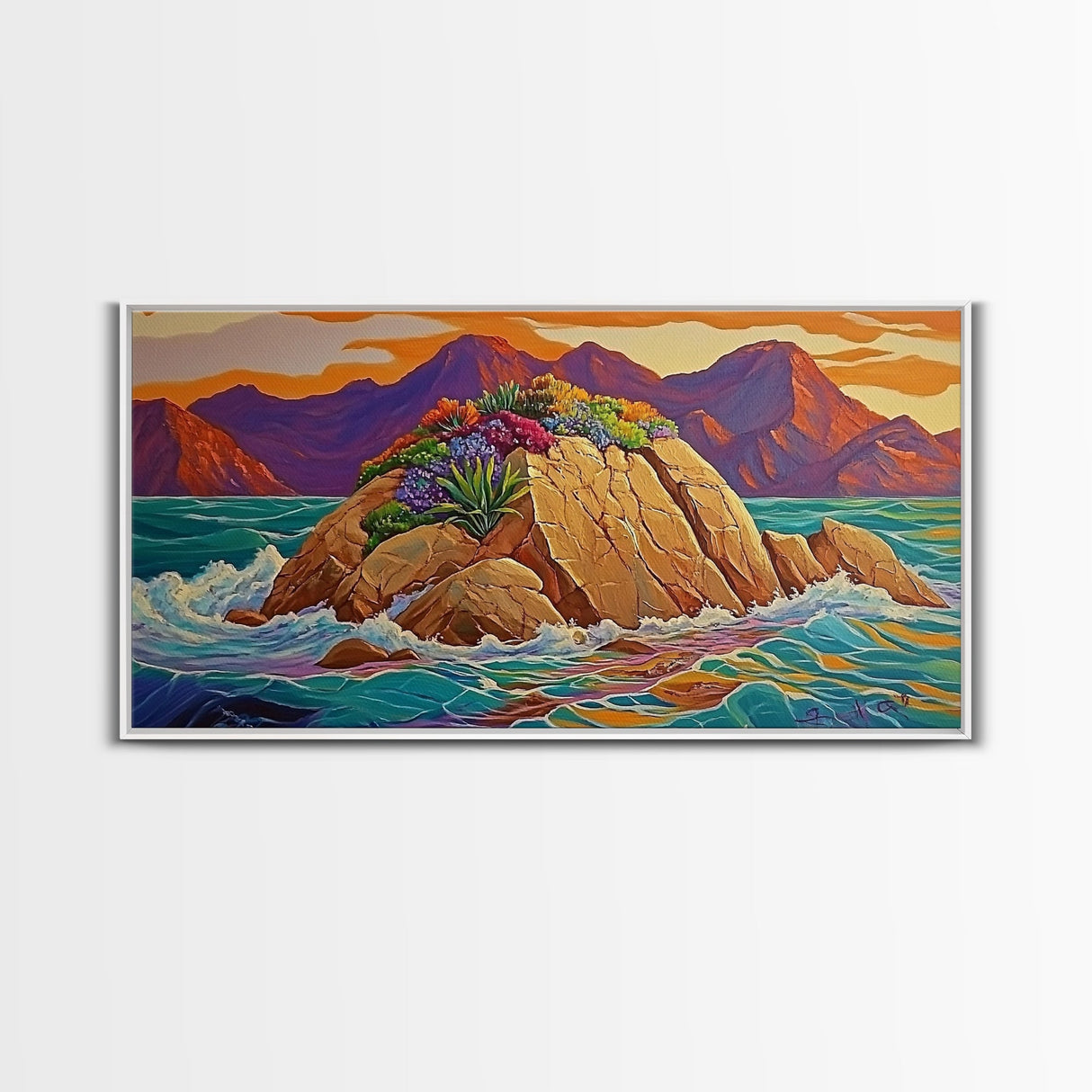 Island Sunset, Coastal Flowers, Ocean Rocks, Framed Canvas Print, Tropical Landscape Wall Art, Colorful Living Room Art, Entryway Decor