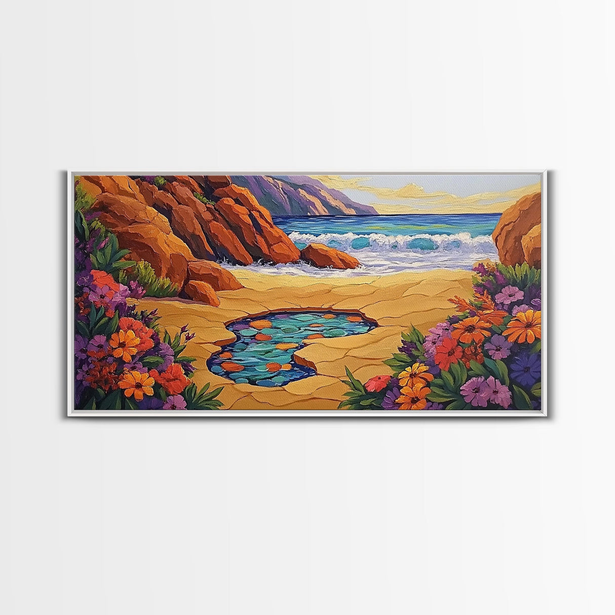 Tide Pool, Sandy Shore, Flower Beach, Canvas Print, Coastal Floral Wall Art, Vibrant Kitchen Art, Hallway Summer Decor