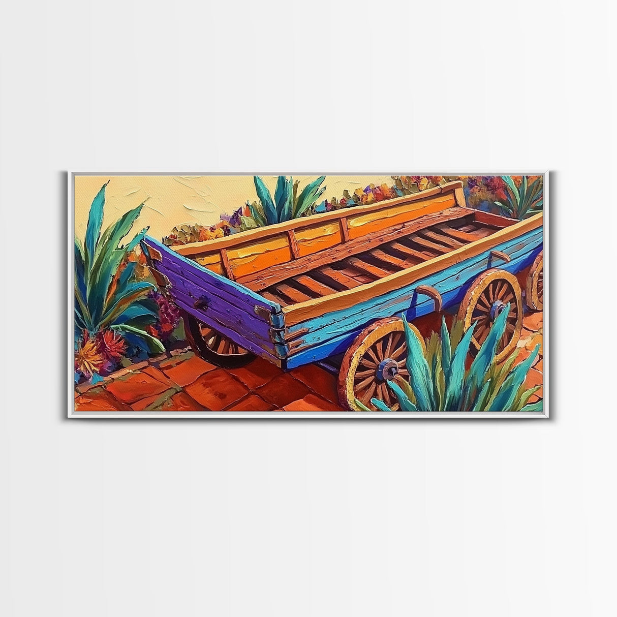 Painted Wagon, Rustic Charm, Color Pop, Framed Canvas Print, Western Farmhouse Wall Art, Vibrant Kitchen Print, Entryway Decor