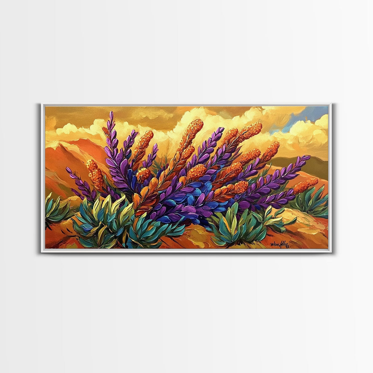 Lavender Bloom, Desert, Hillside, Framed Canvas Print Vibrant floral wall art, southwest boho style, Autumn art, hallway decor
