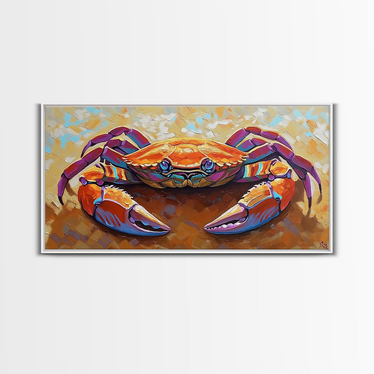 Crab Beach, Bold, Colorful, Coastal Sea Life Framed Canvas Print, Bathroom Wall Art, Nautical Art, Beach House Decor, Ocean Art
