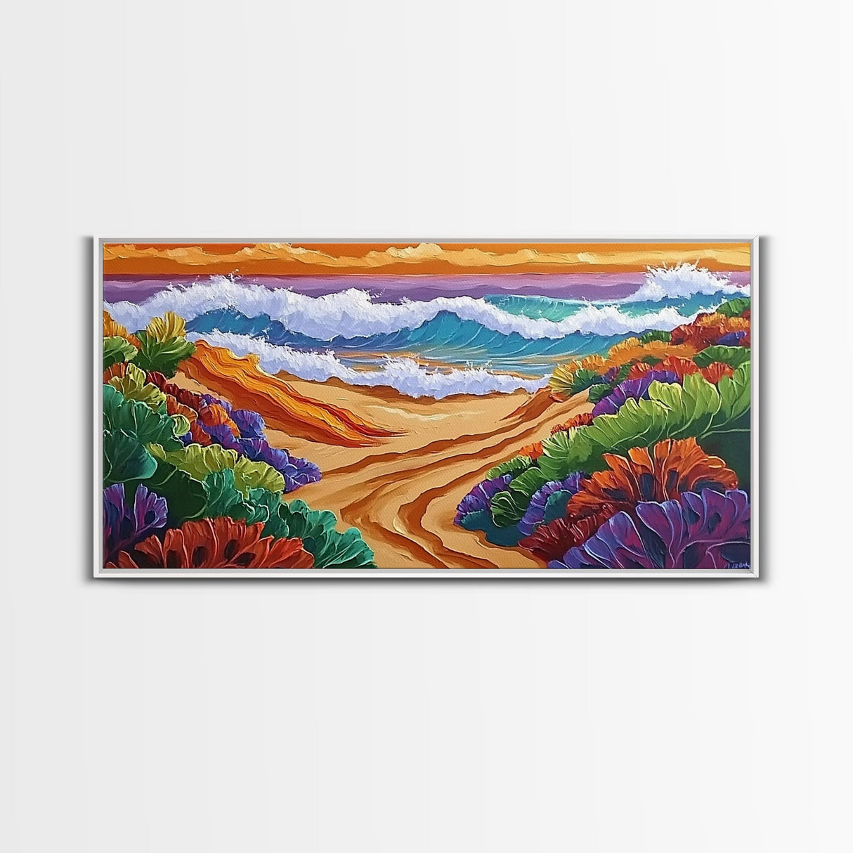 Sunset, Ocean, Trail, Beach, Coastal Sunset Pathway Framed Canvas Print, Bedroom Wall Art, Vibrant Seaside Landscape, Bold Color Decor