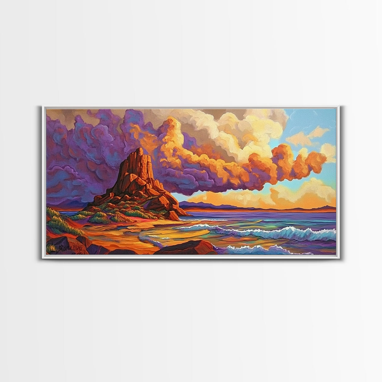 Sunset Clouds, Ocean, Cliffs, Framed Canvas Print, dramatic seascape art, Southwestern home decor, moody living room wall art