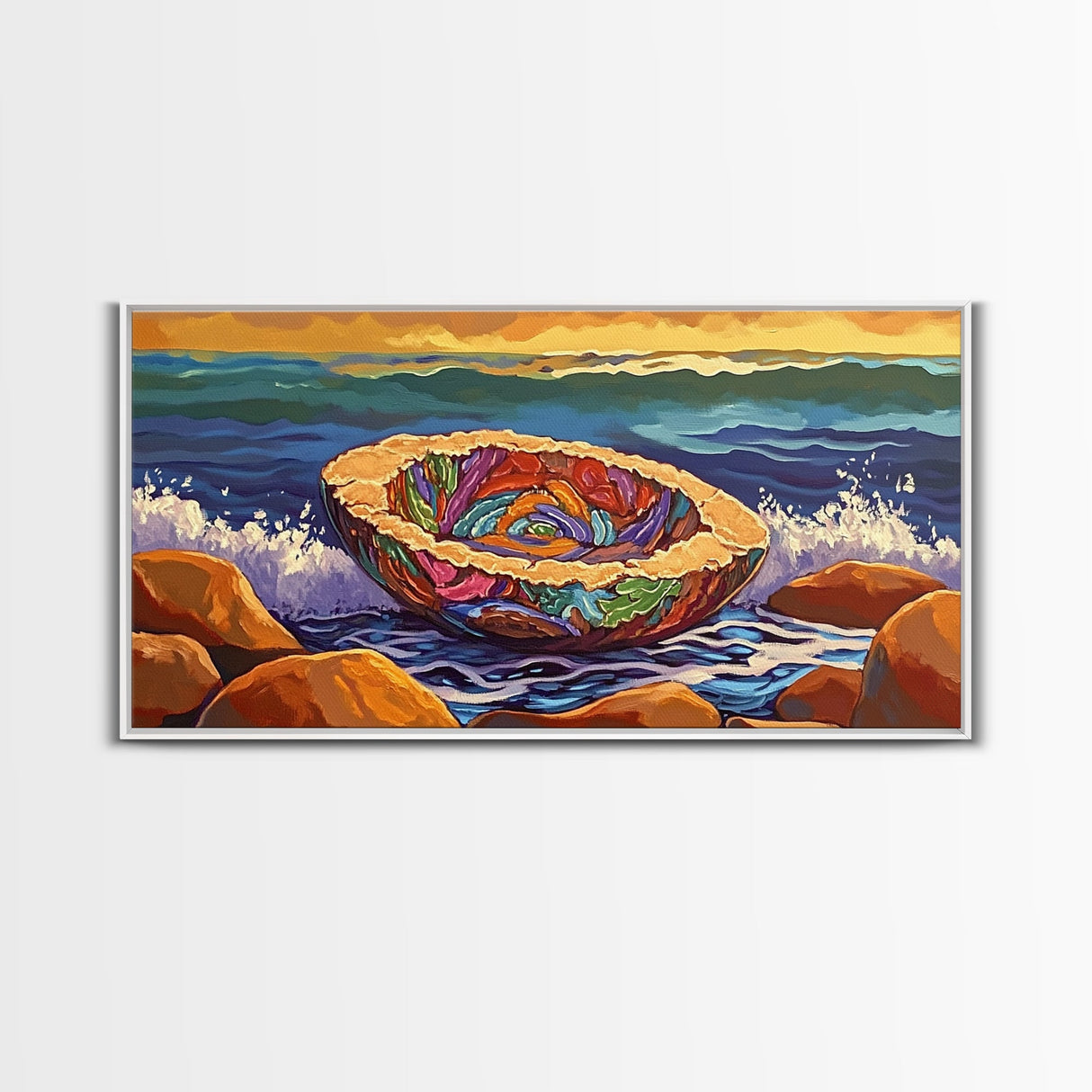 Pan Dulce, Ocean, Rocks, Sea, Canvas Print, Mexican sweet bread wall art, kitchen decor, dessert lover painting, bakery-inspired artwork