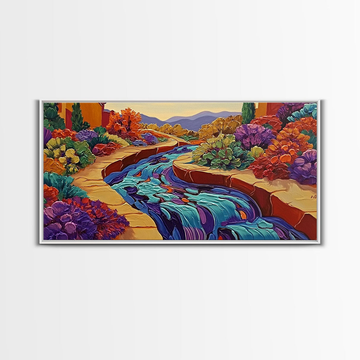 Stream Garden, Colorful, Path, Framed Canvas Print, Southwestern landscape art, bright garden painting, hallway decor, fall home vibe