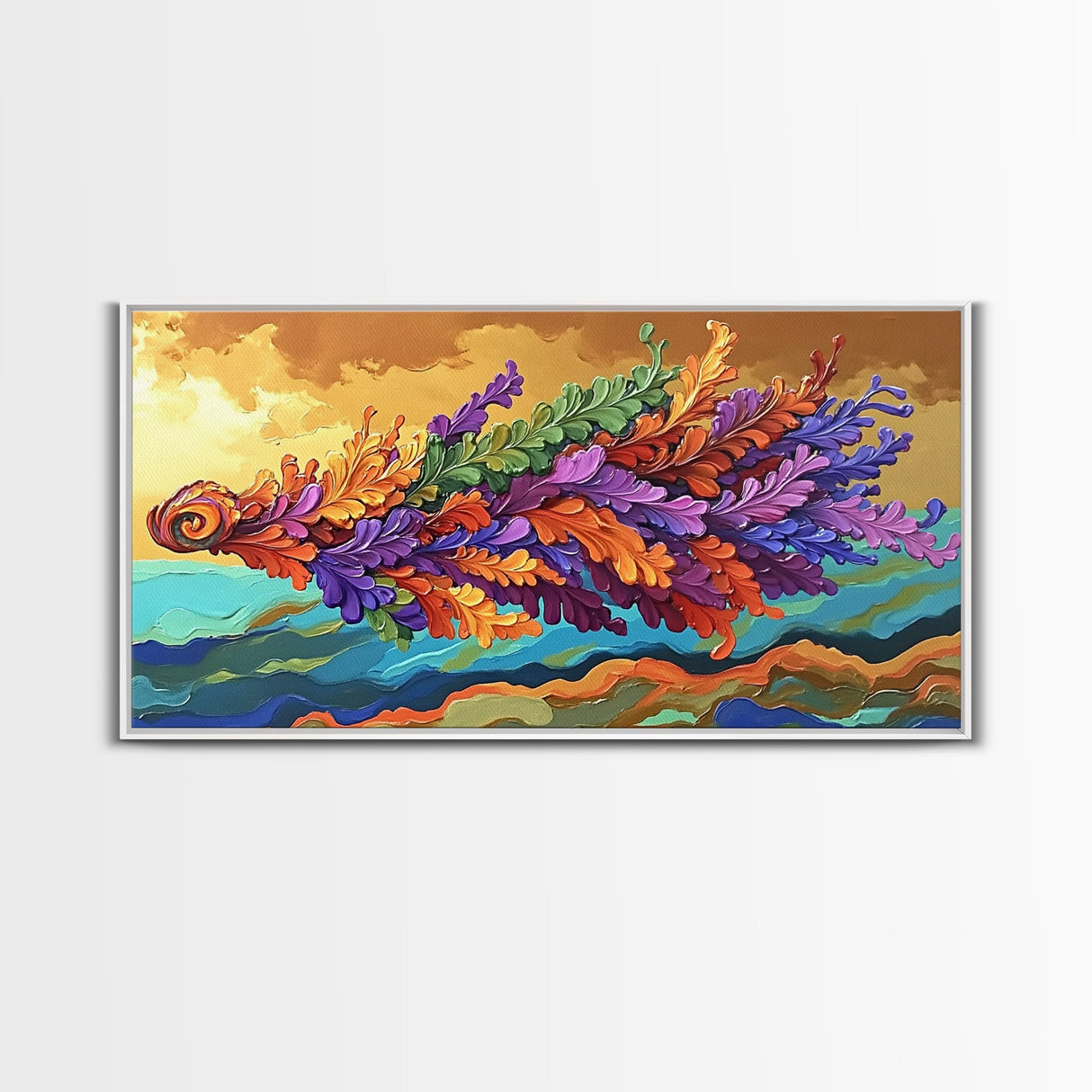 Abstract Leaf, Swirl, Flying, Framed Canvas Print, Whimsical nature painting, colorful wall art, boho bedroom decor, modern natural art