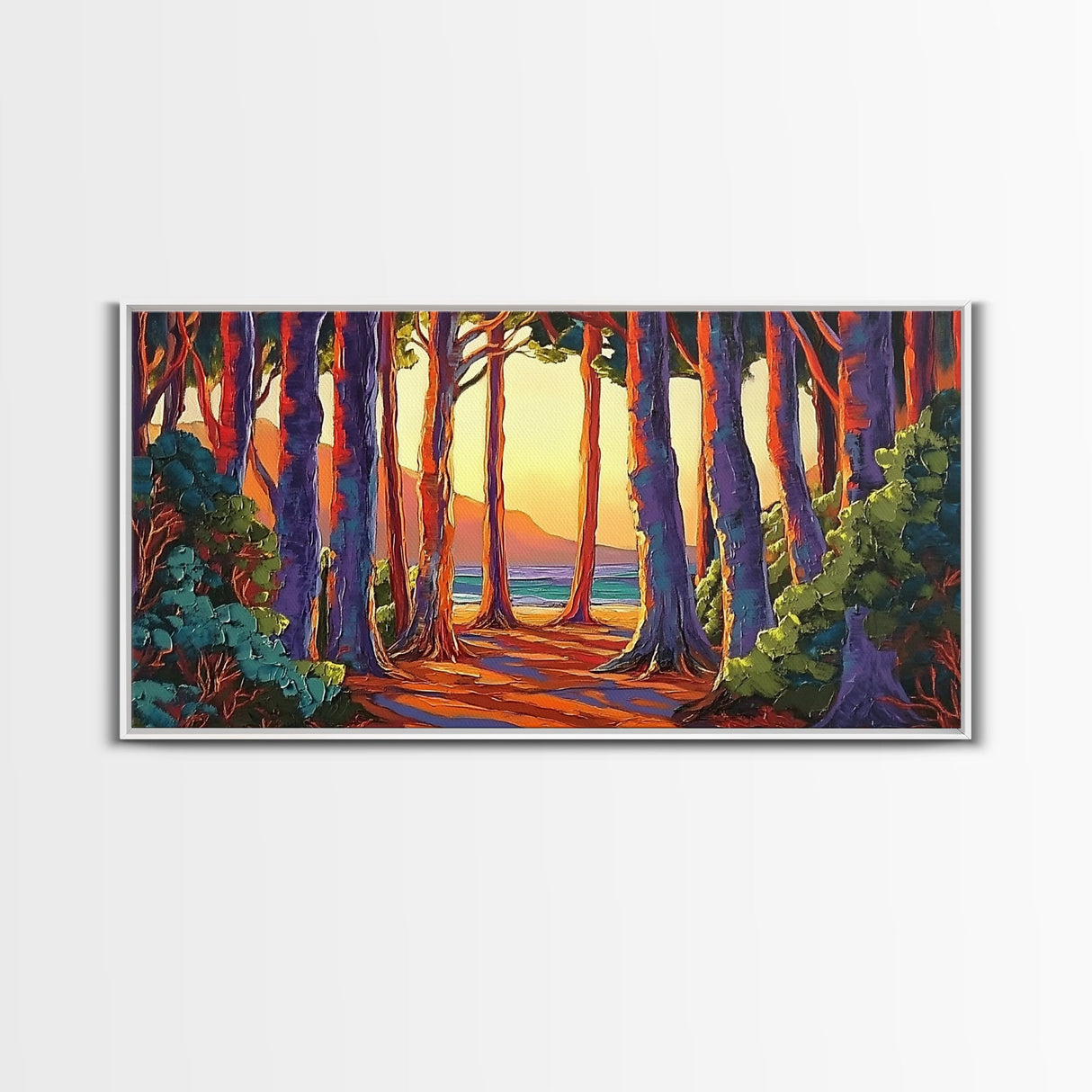 Trees Forest, Ocean, Sunset, Coastal Forest Path Framed Canvas Print, Nature Lover Wall Art, Cabin Decor, Fall Living Room Art