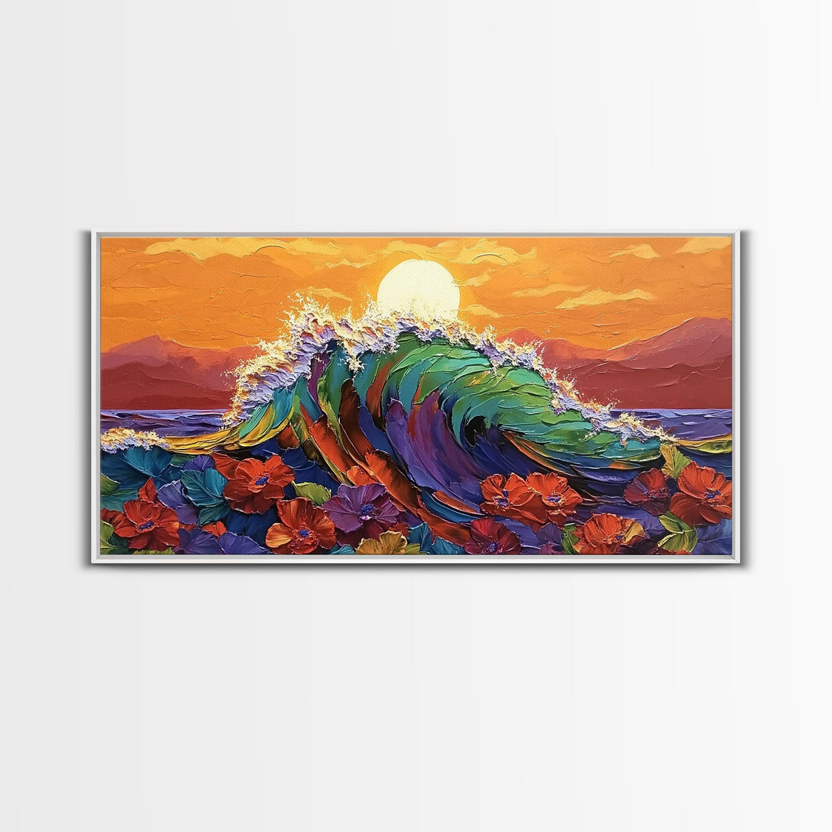 Sunset Wave, Floral, Ocean, Canvas Print, Tropical beach flower art, vibrant ocean wave decor, living room painting, sunset seascape