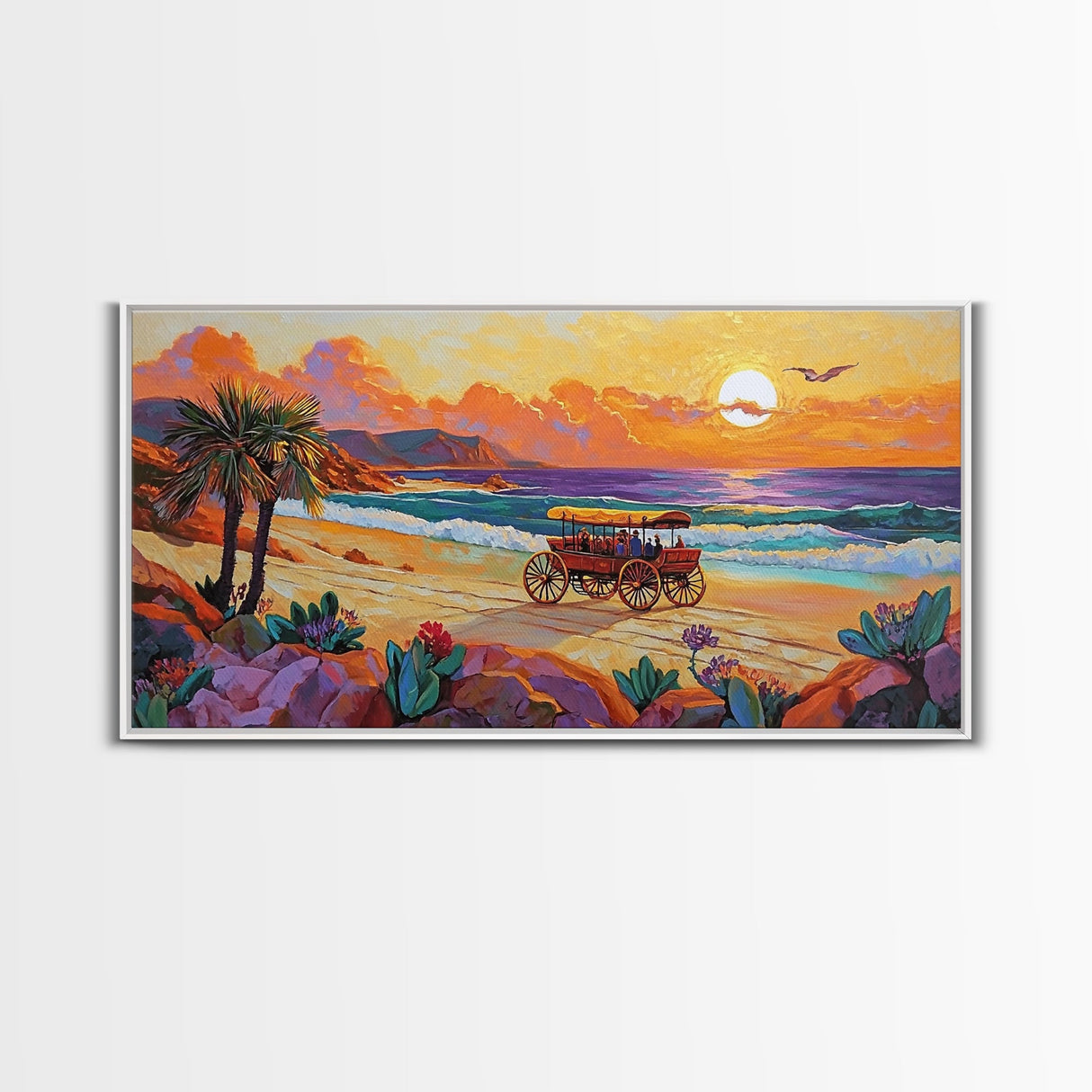 Horse Carriage, Sunset, Beach, Framed Canvas Print, coastal western art, rustic sunset scene, boho living room wall decor