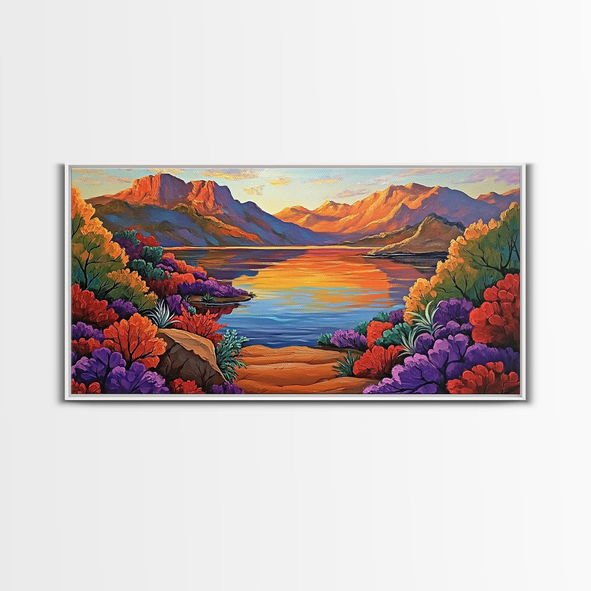 Lake Sunset, Desert, Mountains, Framed Canvas Print, colorful landscape wall decor, boho living room art, nature lovers gift