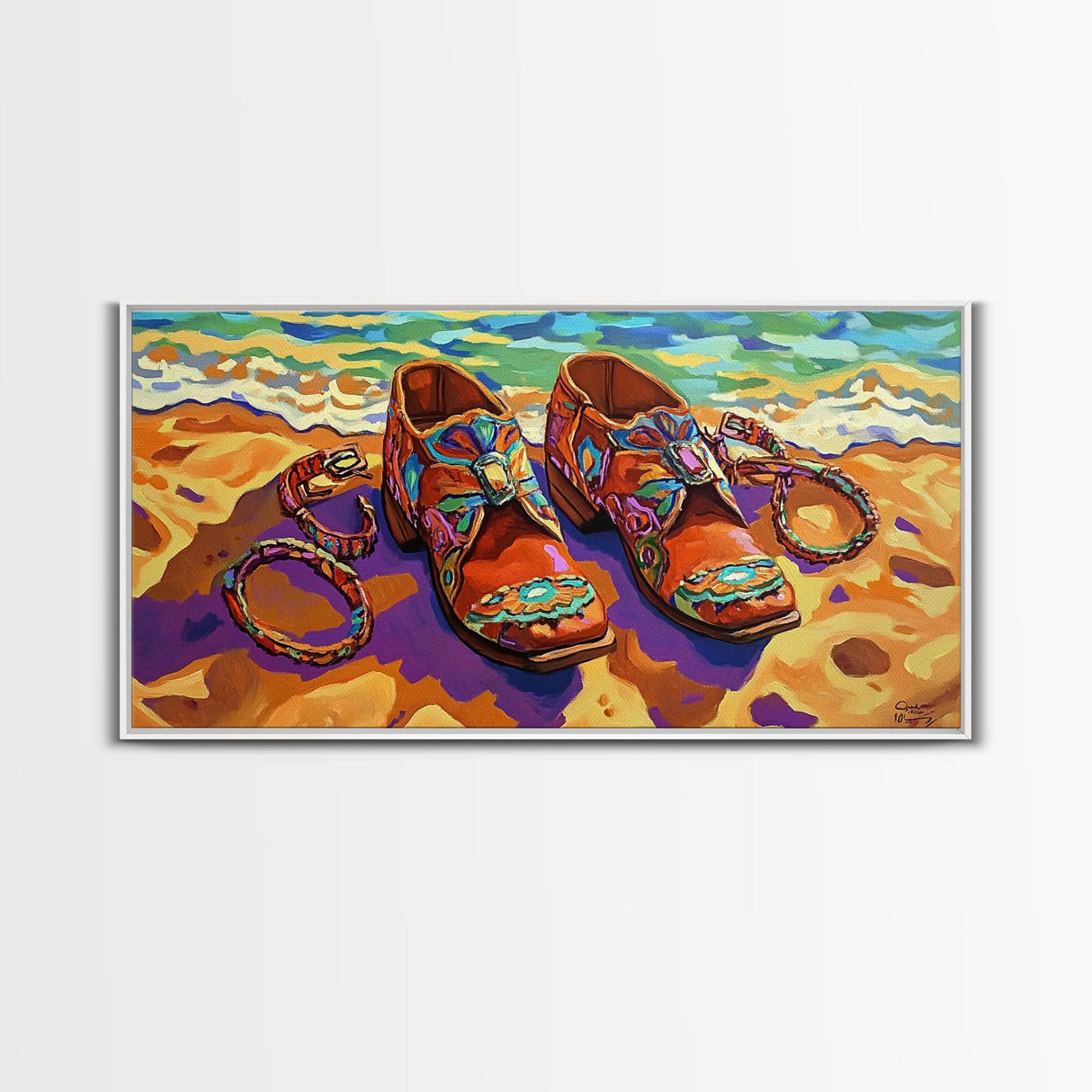 Shoes Beach, Jewelry, Colorful, Framed Canvas Print, southwest fashion art, boutique style, walk-in closet art, fashion studio wall art