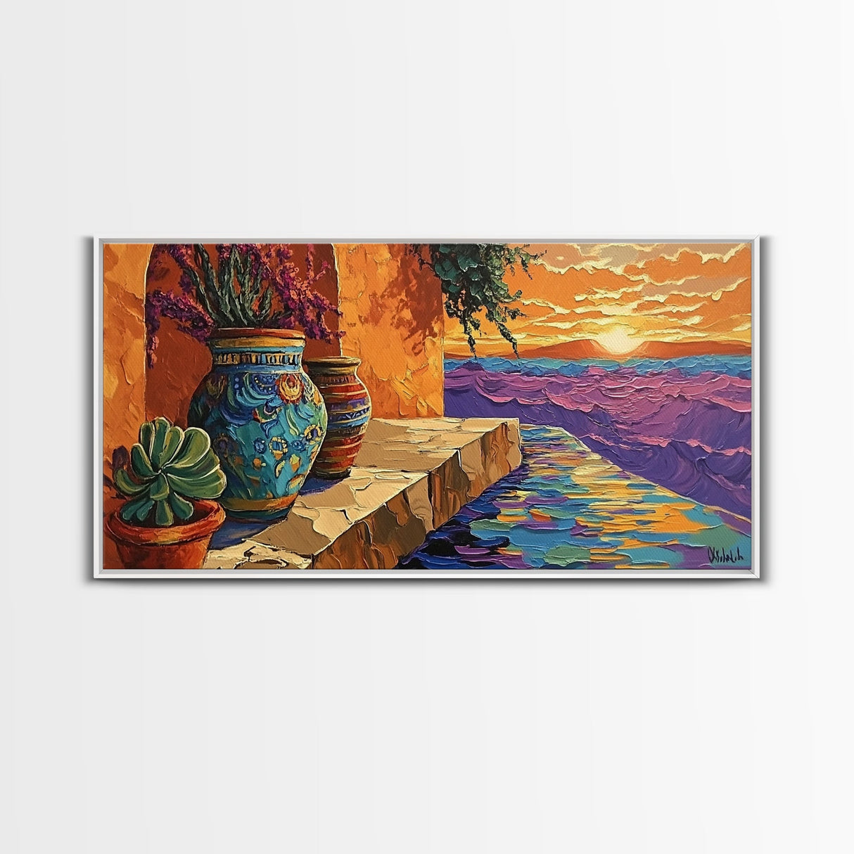 Sunset Terracotta, Patio, Art, Framed Canvas Print, Colorful Mexican pottery scene, vibrant tropical wall art, boho entryway decor