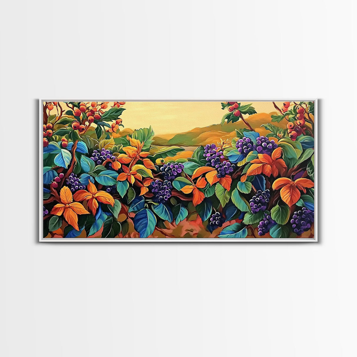 Grapes Harvest, Vineyard, Autumn, Framed Canvas Print vibrant fall kitchen wall art, farmhouse harvest decor, vineyard fruit painting