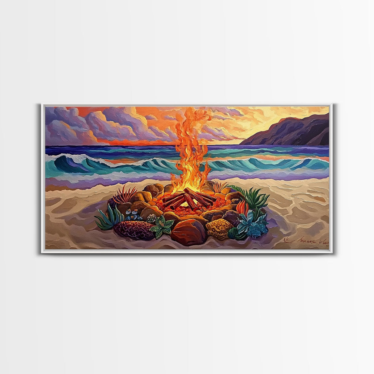 Beach Campfire, Sunset, Tropical Vibes, island evening Canvas Print, fall boho decor, colorful beach firepit living room wall art
