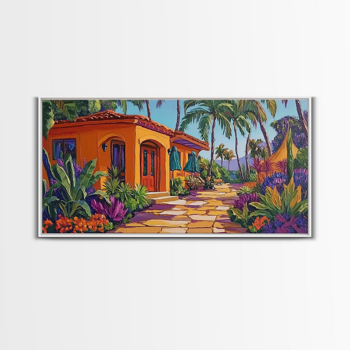 Villa, Palm Trees, Pathway, Lush Garden, warm tropical Canvas Print, boho patio decor, summer bungalow living room wall art