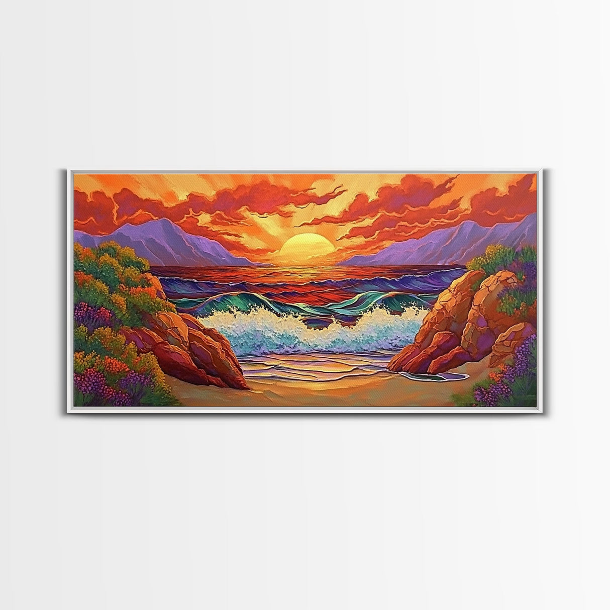 Sunset Waves, Rocks, Framed Canvas Print, Vibrant ocean sunset, crashing waves cliffs painting, Coastal Decor, Beach House Wall Art