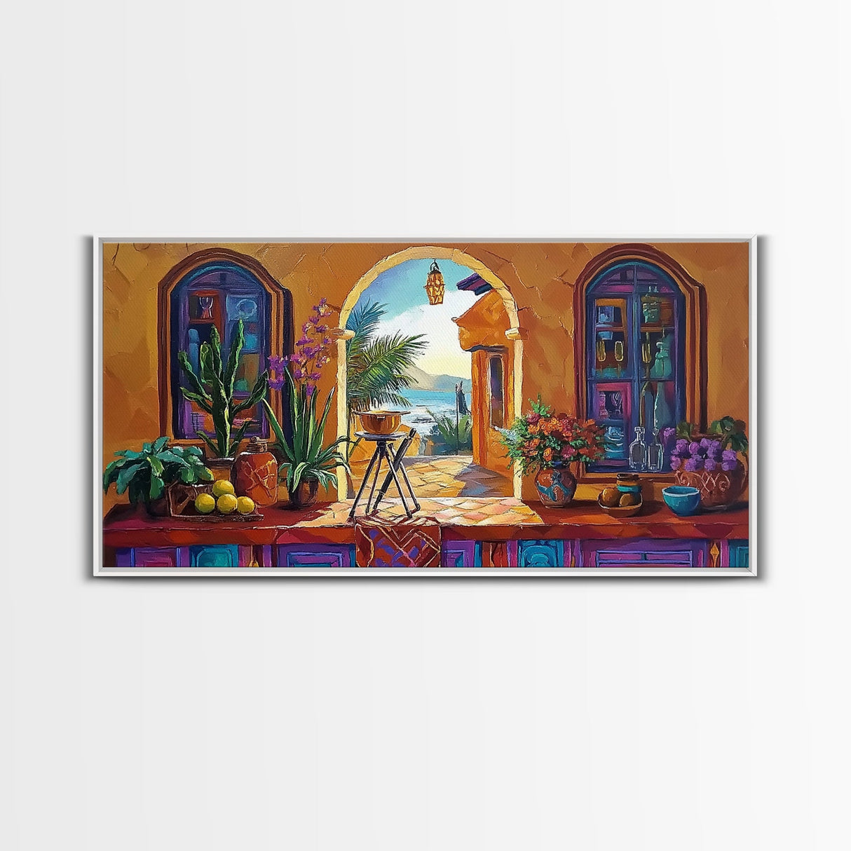 Archway Ocean, Tropical, Framed Canvas Print, Colorful tropical patio view through arch, Mexican coastal decor, Dining Wall Art