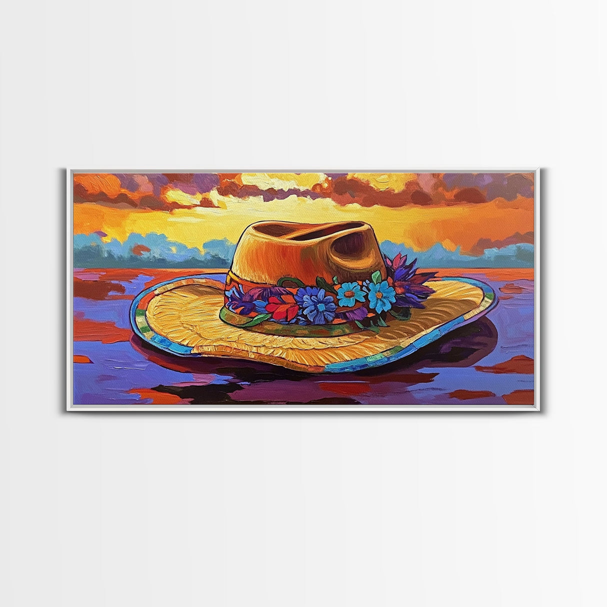 Hat Floral, Sunset, Framed Canvas Print, Boho straw hat with flowers on beach at sunset, Whimsical Summer Art, Entryway Wall Art
