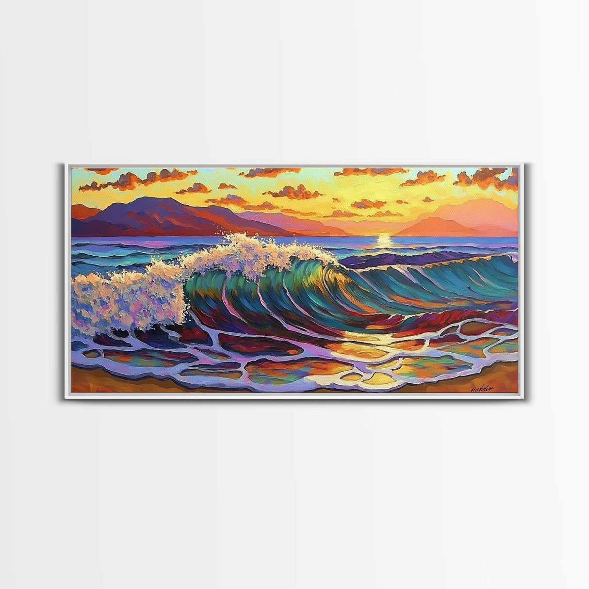Waves Surf, Sunset, Framed Canvas Print, Colorful crashing wave with glowing sunset sky, Coastal Surfer Decor, Beach House Wall Art