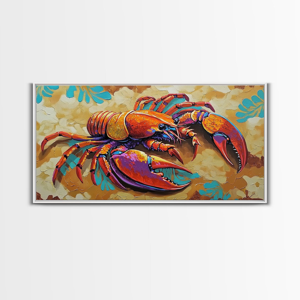 Lobster Coastal, Bold, Framed Canvas Print, Vibrant abstract lobster on sandy background, Nautical Kitchen Decor, Bold Coastal Wall Art