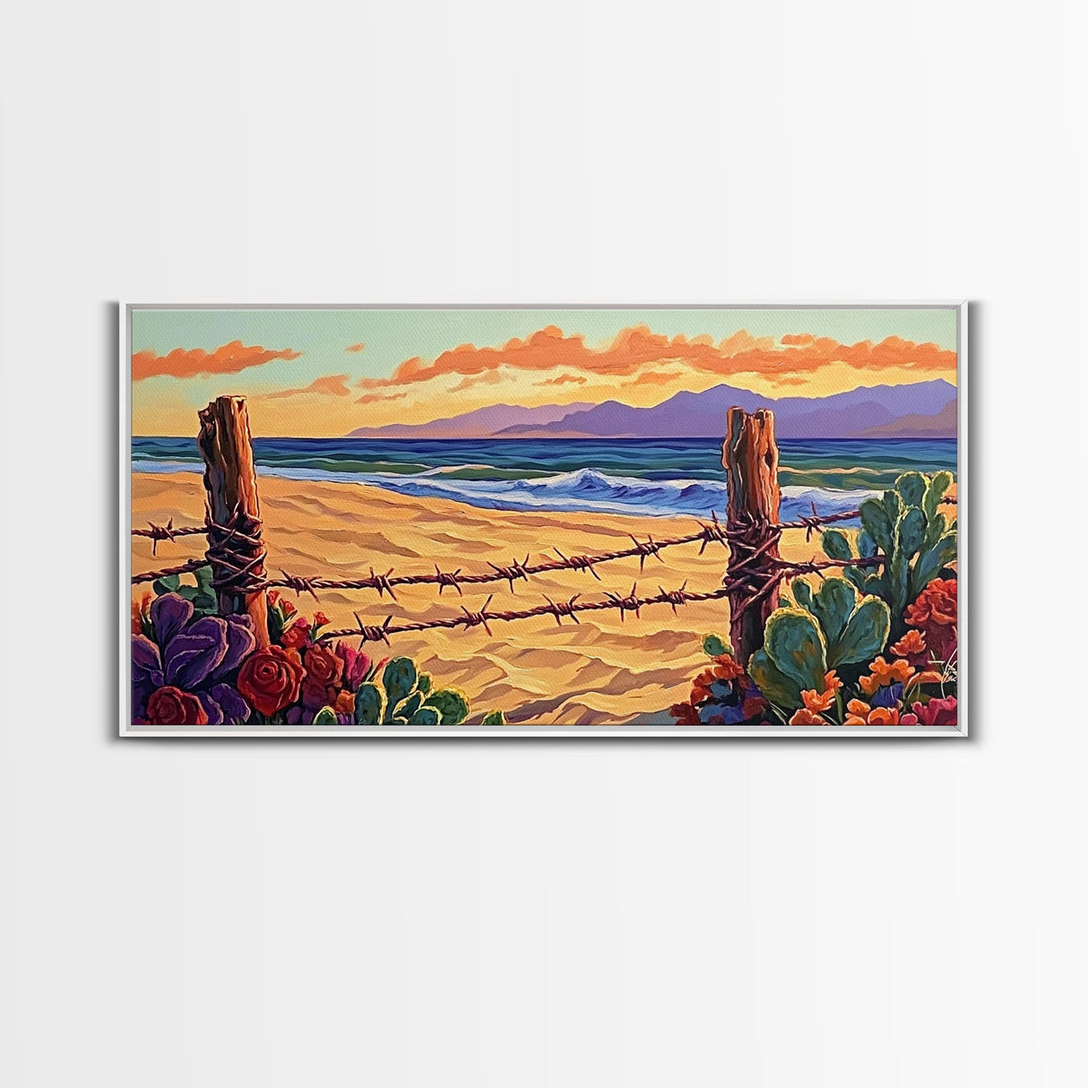 Beach Cactus, Fence, Framed Canvas Print, Vibrant Desert Beach Landscape, Colorful Boho Western Decor, Southwestern Living Room Art