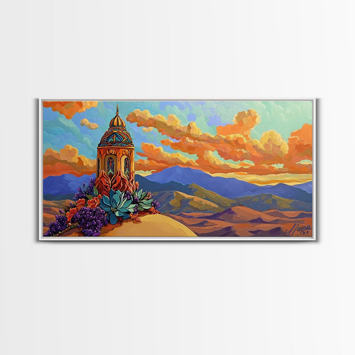 Tower Mountains, Sky, Clouds, Canvas Print, whimsical turret landscape, pastel sky art, colorful fantasy decor, study wall art