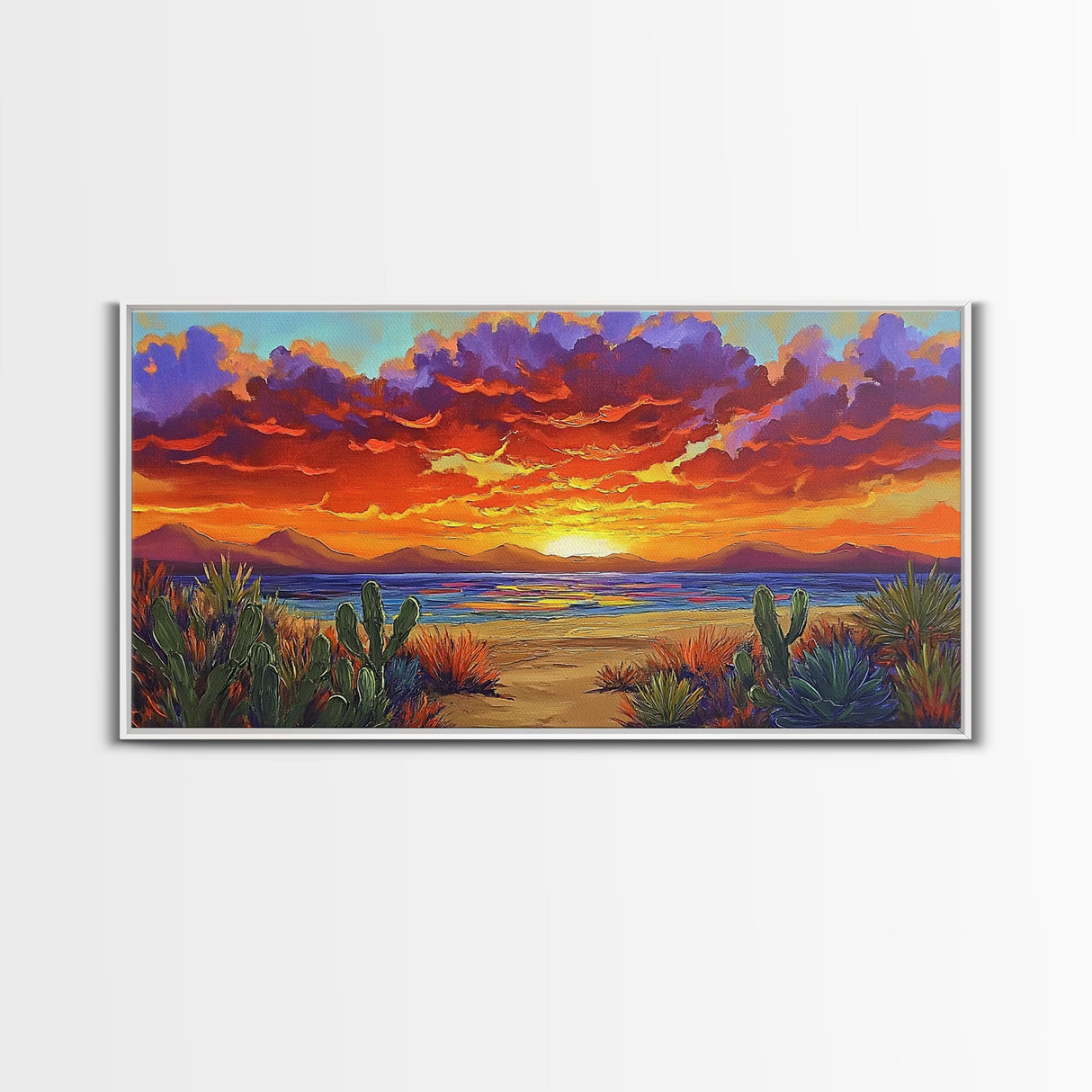 Sunset Beach, Desert, Cactus, Framed Canvas Print, vivid sunset desert beach scene, boho coastal decor, southwestern wall art