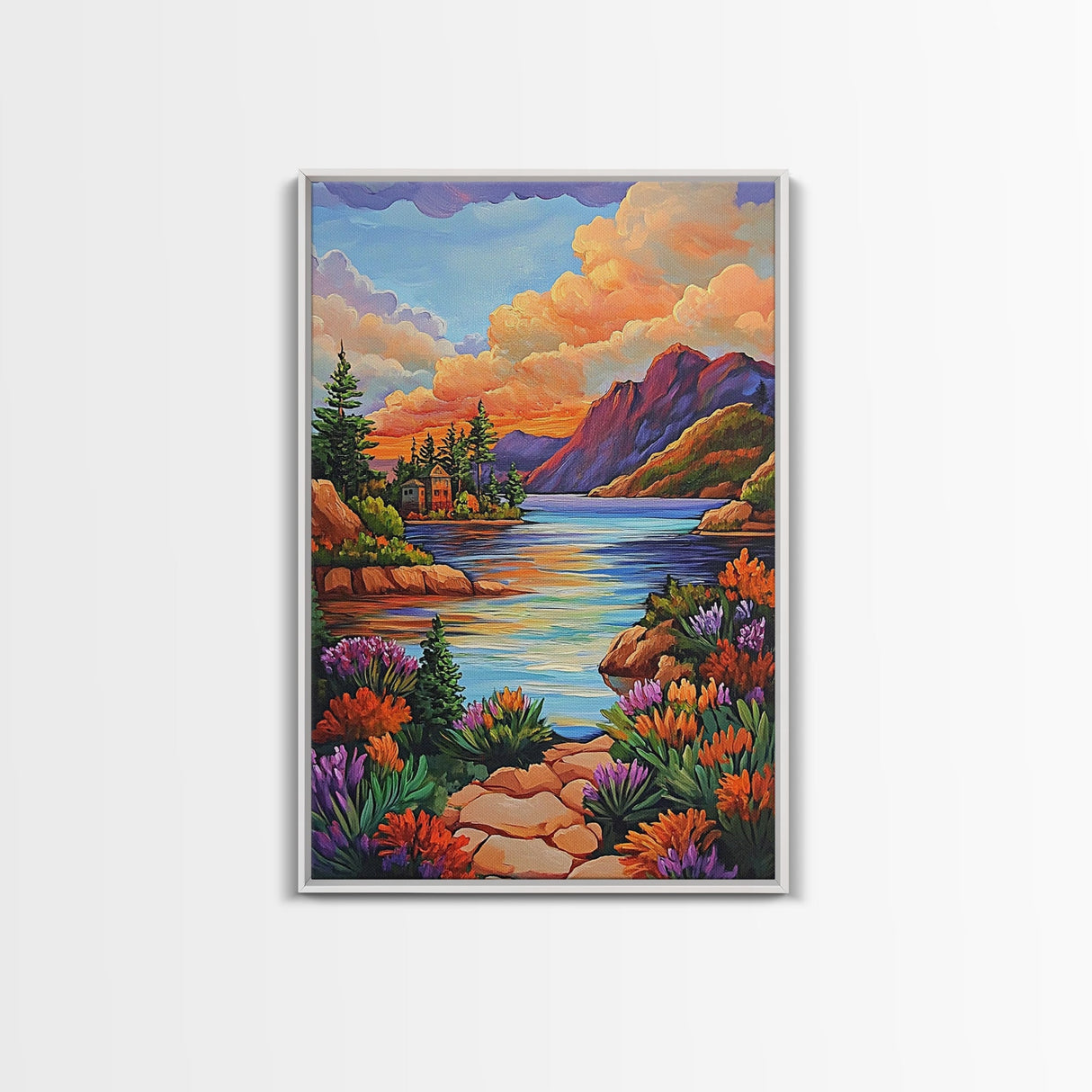 Lake Sunset, Mountains, Cabin, Framed Canvas Print, Serene mountain lake at sunset with cozy cabins, peaceful autumn living room wall art