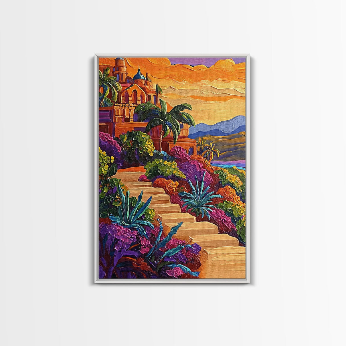 Sunset Mexico, Colorful, Travel, Framed Canvas Print vibrant coastal villa painting, colorful sunset art, Mediterranean boho travel vibes
