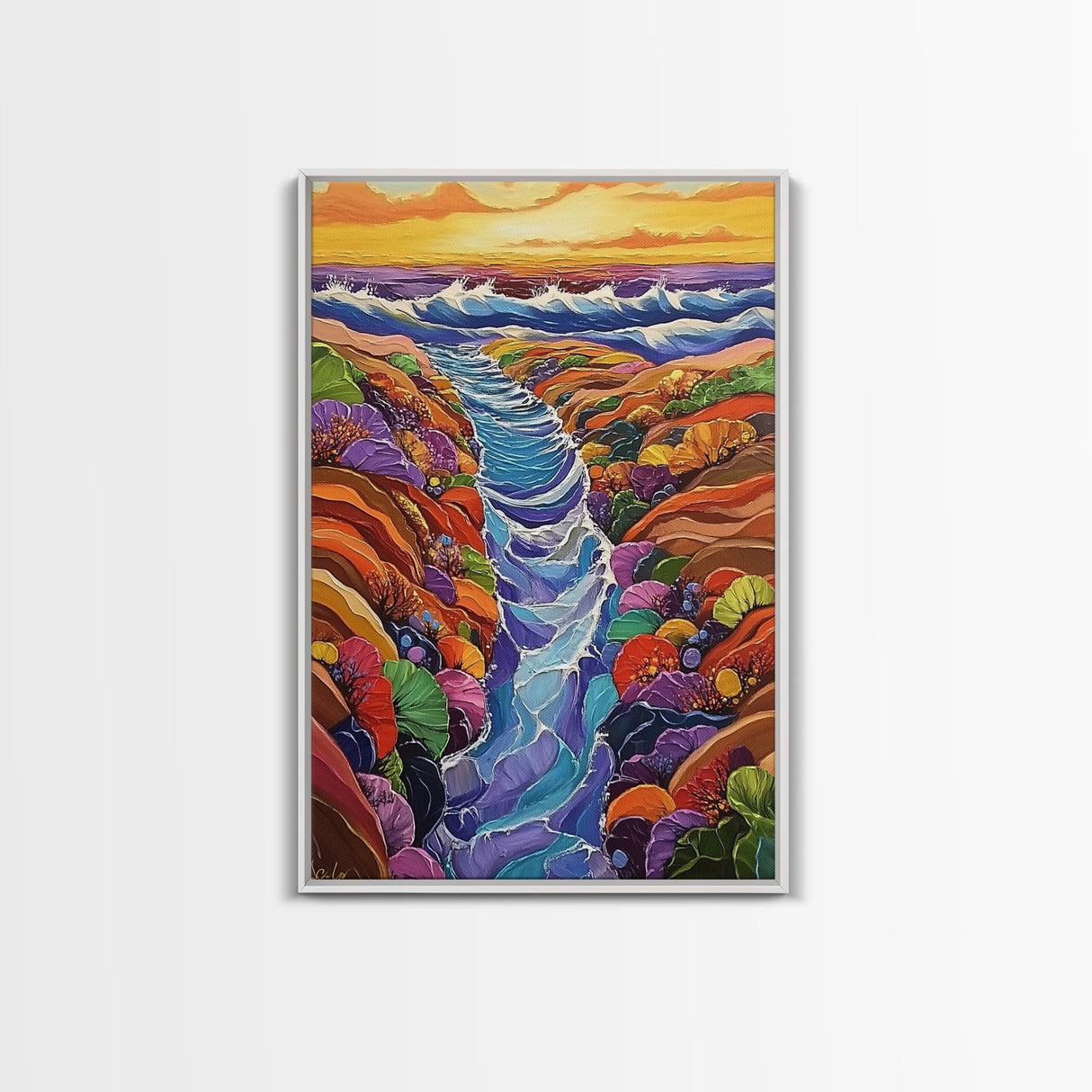 Ocean Tidepool, Rainbow, Shoreline, Canvas Print vivid shoreline tidepool painting, colorful abstract coastal artwork, ocean bathroom wall art