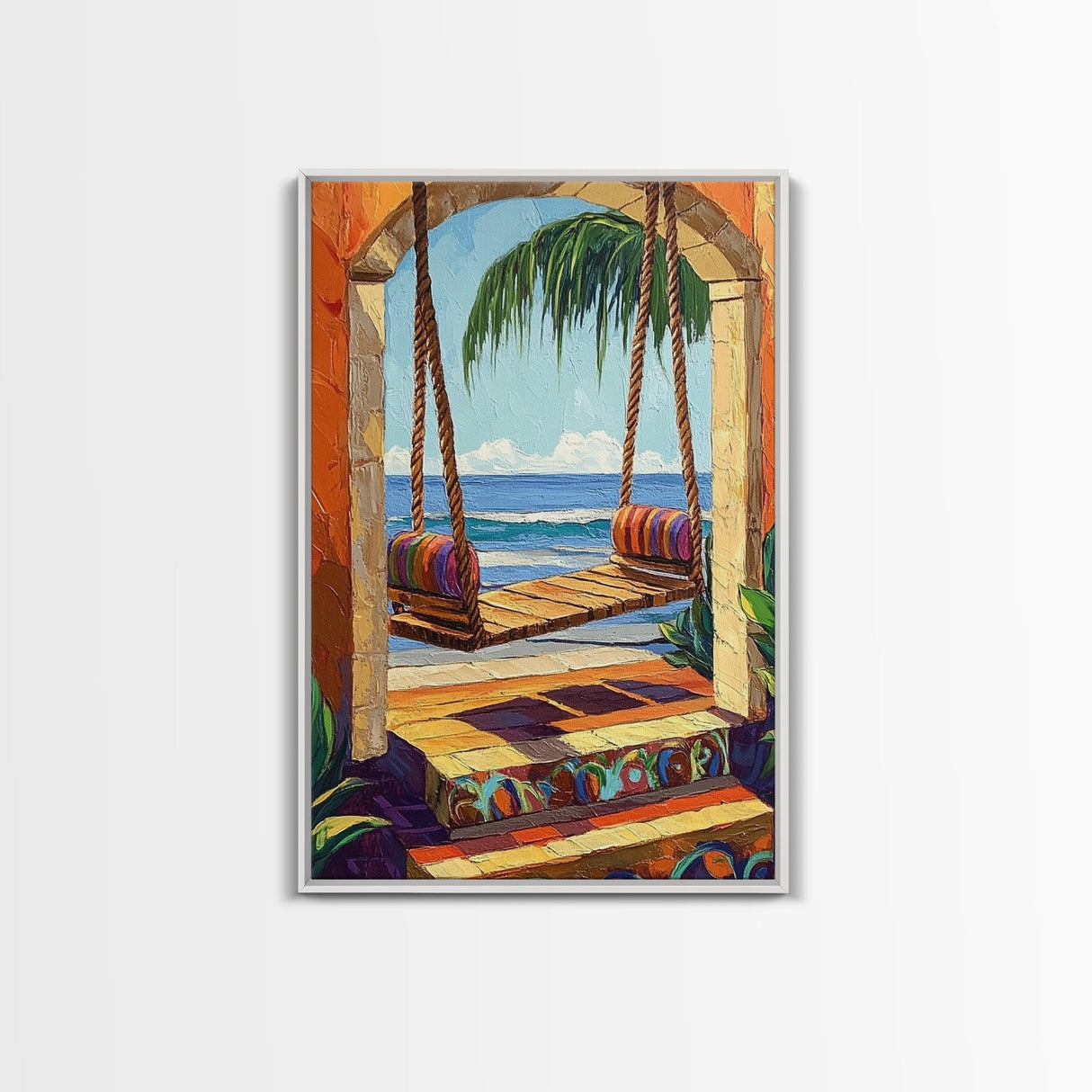 Swing Ocean, Tropical, Archway, Framed Canvas Print, Beach retreat wall art, vibrant tropical decor, Bedroom or Bathroom Wall Art