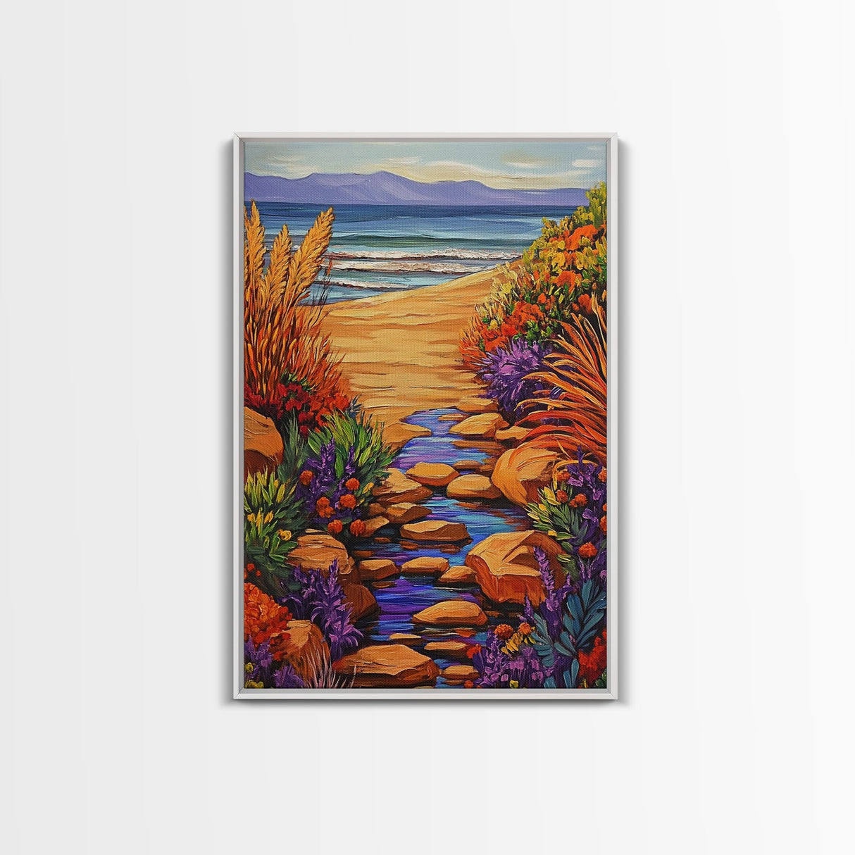 Path Ocean, Flowers, Shoreline, Framed Canvas Print, Bright coastal landscape, colorful wildflower path, Bathroom or Entryway Wall Art
