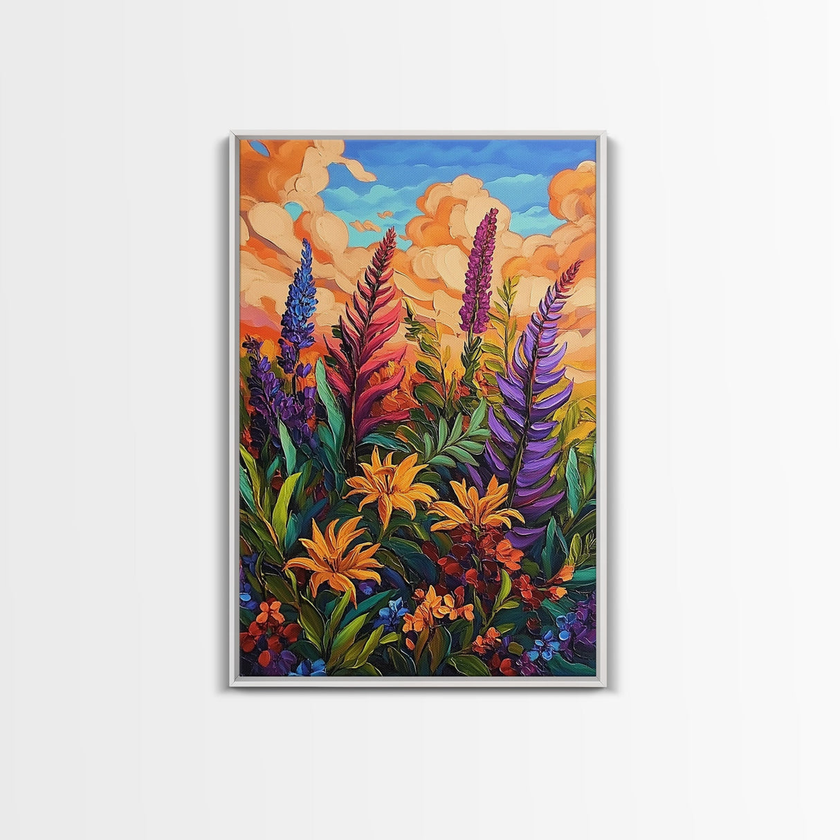 Vibrant Autumn, Blooms, Landscape, Framed Canvas Print, Bright Wildflower Artwork, Living Room Wall Art, Colorful Fall Floral Boho Painting