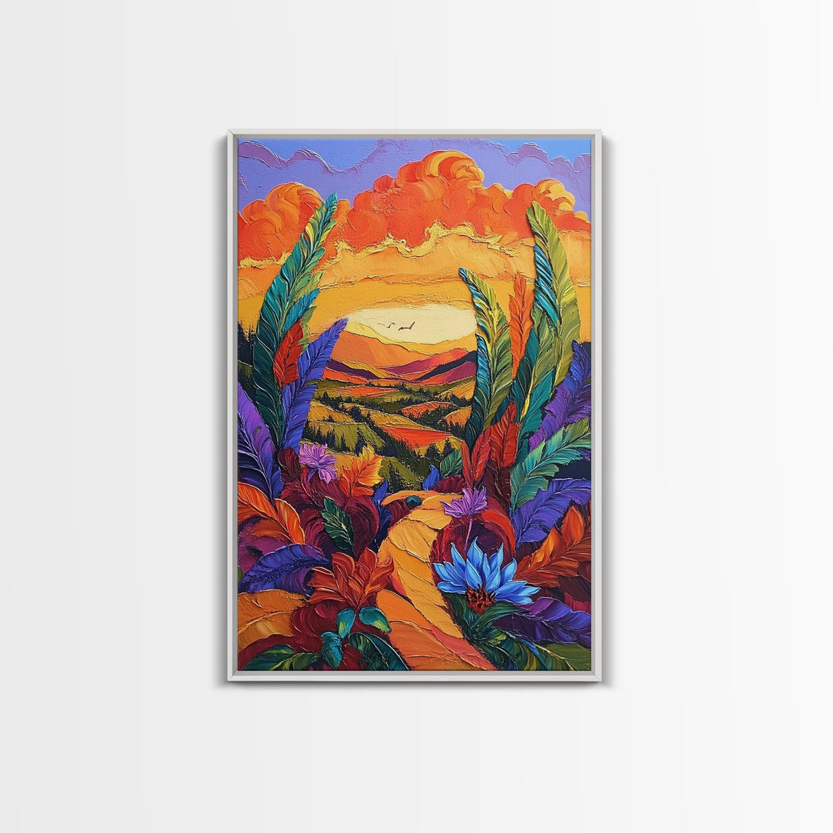 Bold Sunset, Path, Feathers, Canvas Print, Autumn Wall Art, Boho Nature Decor, Warm Colorful Hallway Art, Eclectic Landscape Painting