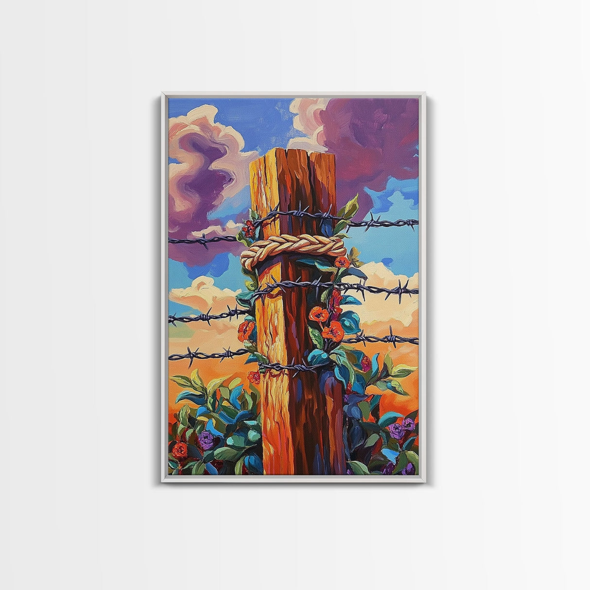 Fence Flowers, Sky, Bold, Framed Canvas Print, western barbed wire wall art, farmhouse boho style, sunset rustic decor, entryway or den