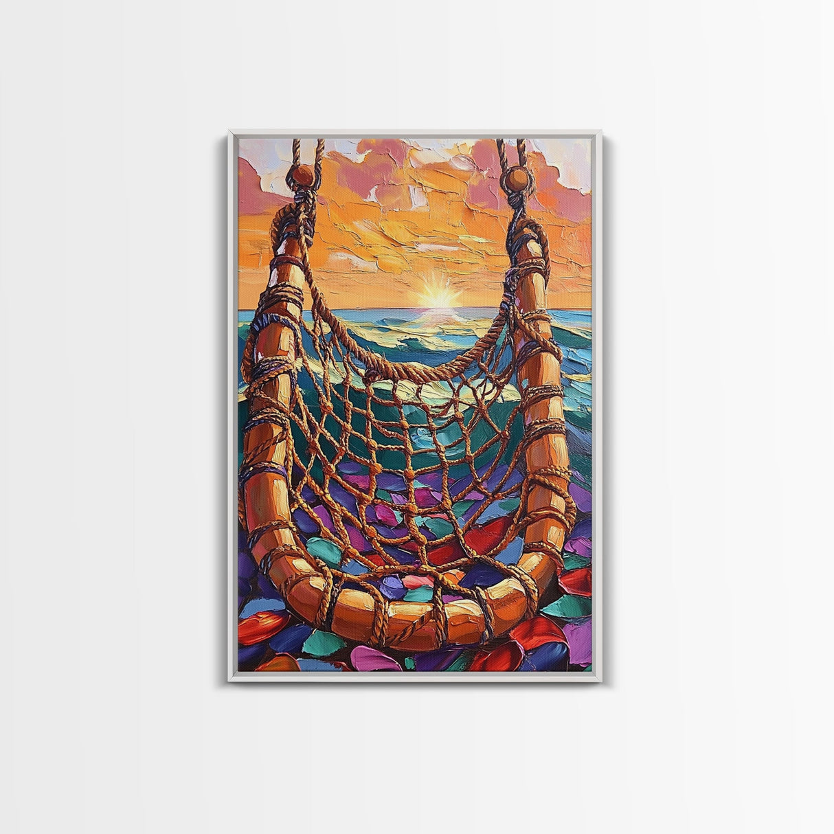 Ocean Hammock, Sunset, Boho, Framed Canvas Print dreamy hammock wall art, ocean sunset boho painting, coastal beach decor, patio art