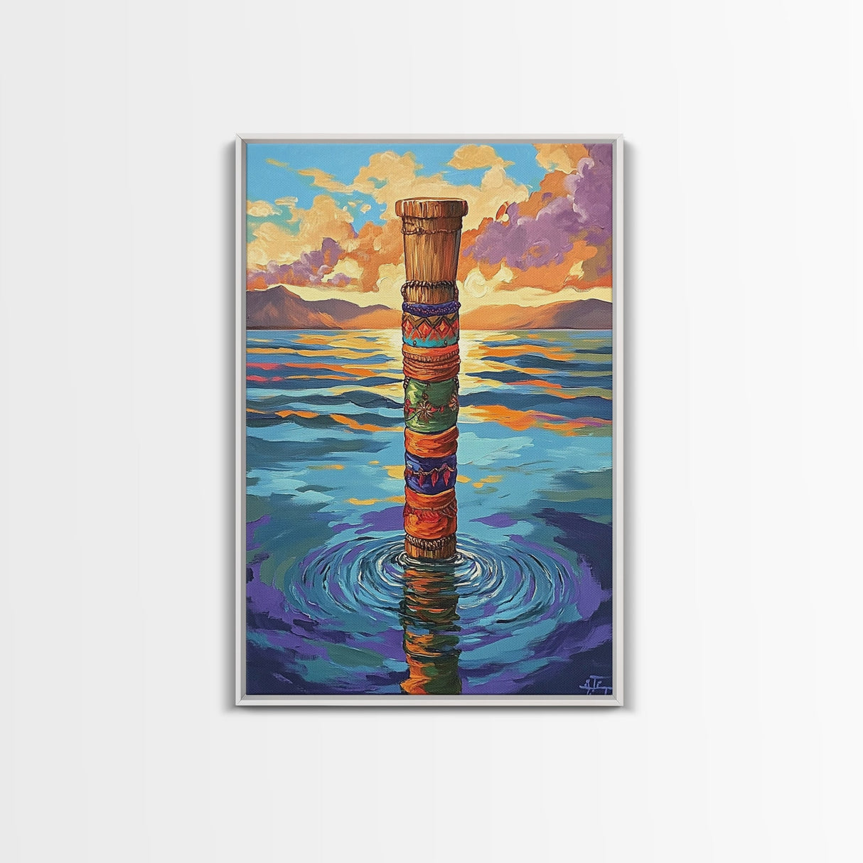 Tribal Water, Pole, Peaceful, Framed Canvas Print tranquil ocean pole artwork, tribal inspired sea painting, boho decor, hallway wall art