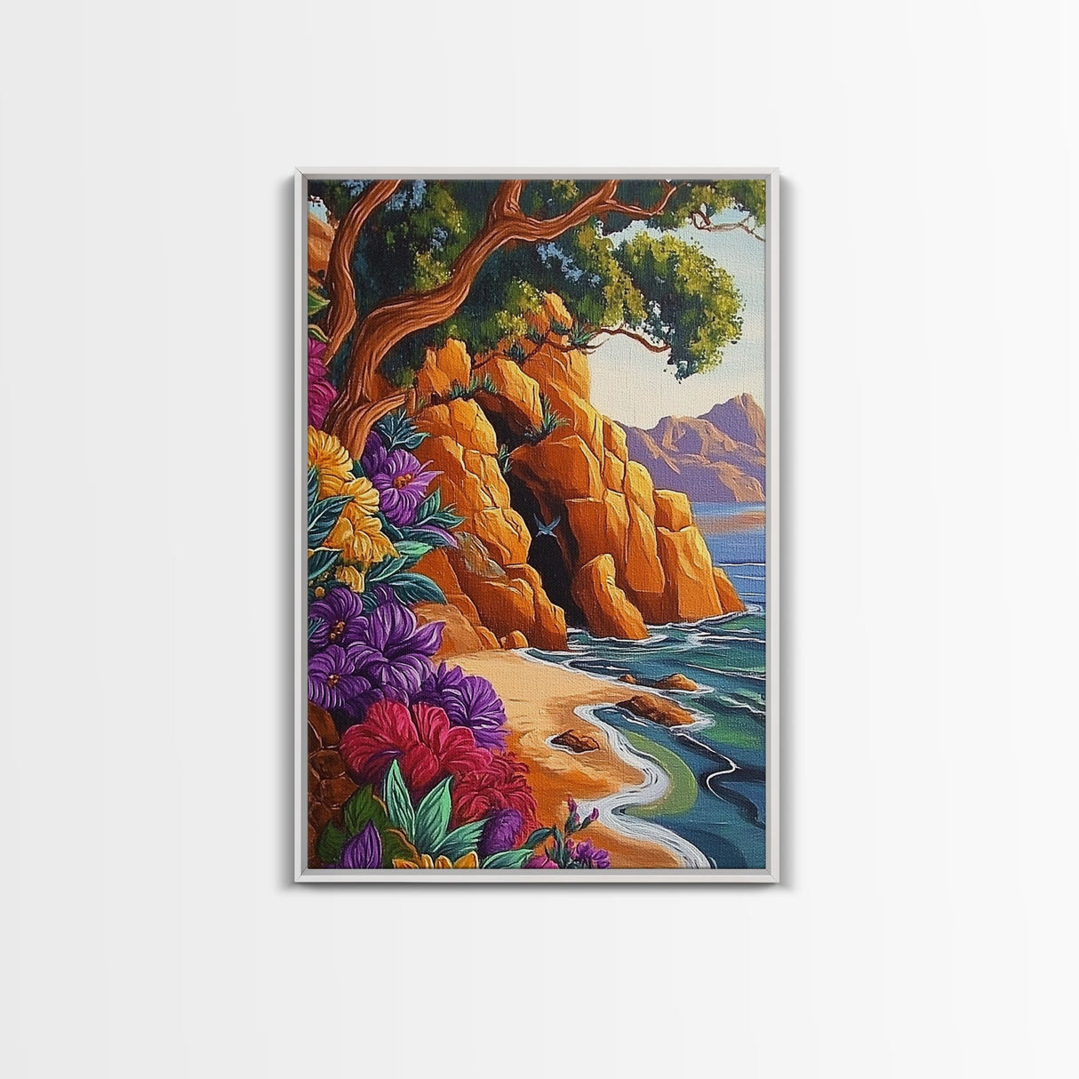 Cave Beach, Flowers, Framed Canvas Print, Coastal Landscape Wall Art, Colorful Boho Nature Decor, Living Room art, Office Wall Art
