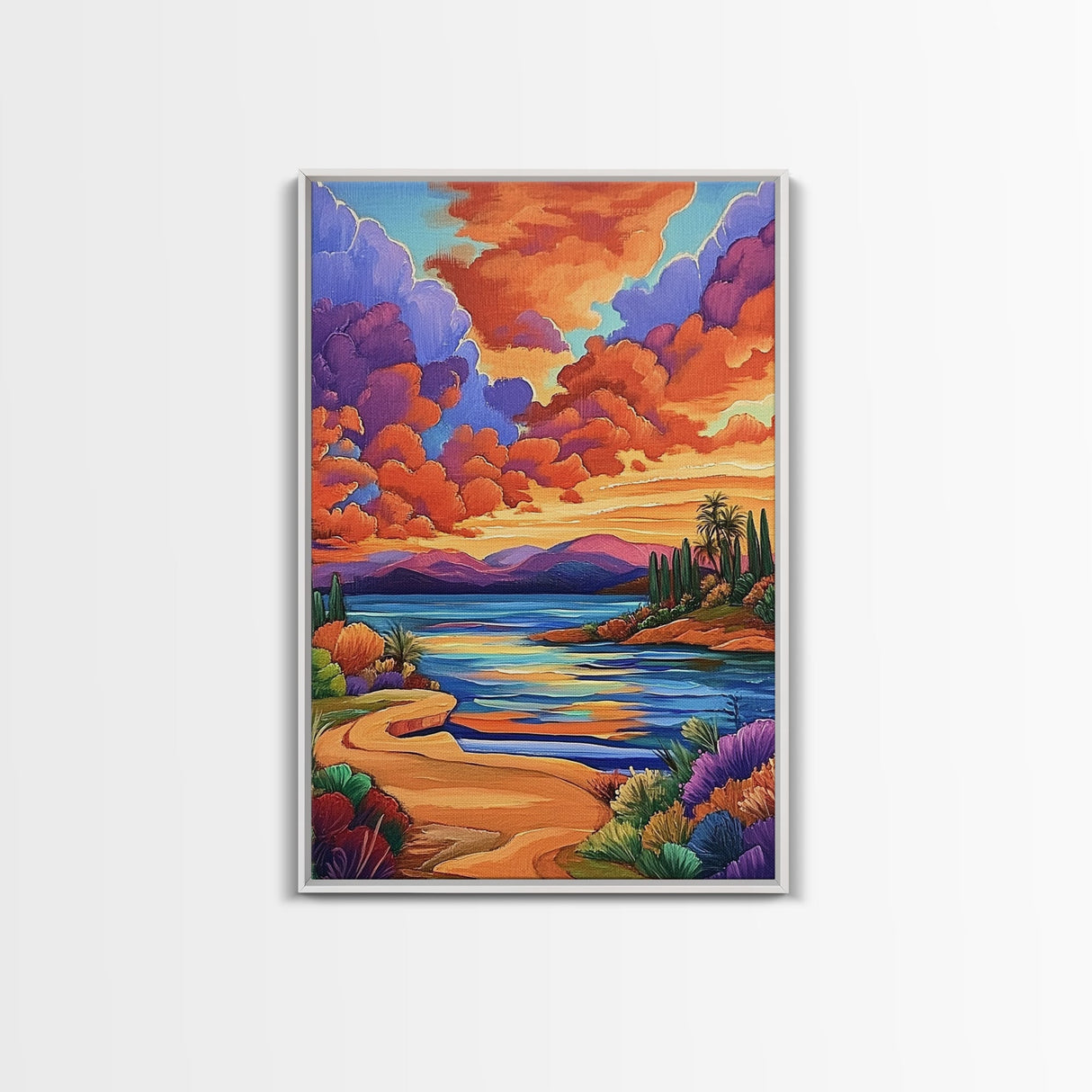 Sunset Lake, Pathway, Dreamy, Framed Canvas Print vibrant sunset lake art, colorful sky and mountain scene, living room art, office boho decor