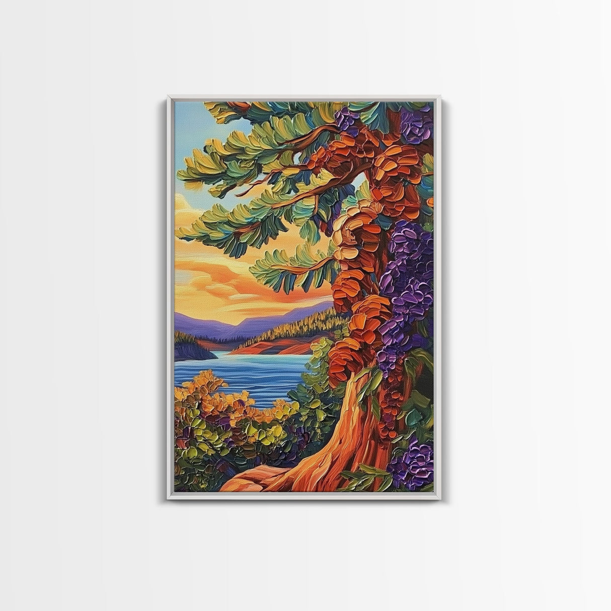 Tree Lake, Mountains, Nature, Framed Canvas Print, pine tree art, autumn landscape wall decor, cozy cabin or lodge art, textured style