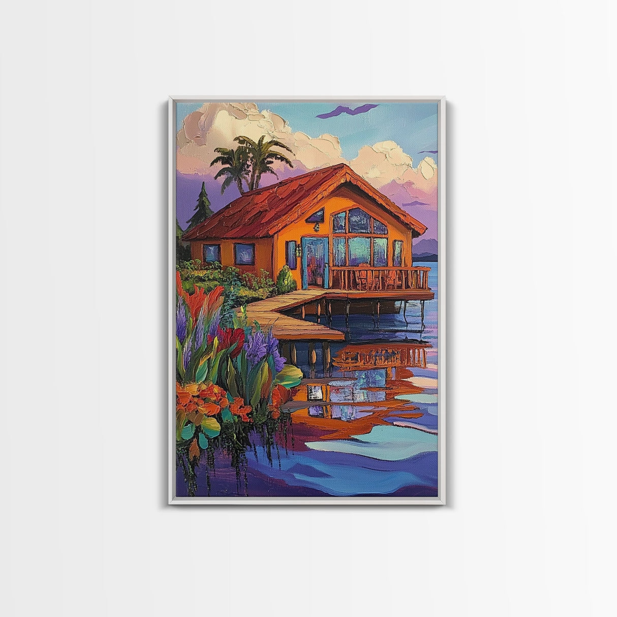 Cabin Dock, Water, Reflection, Framed Canvas Print, lake house decor, cozy retreat wall art, rustic reflection painting, fall colors
