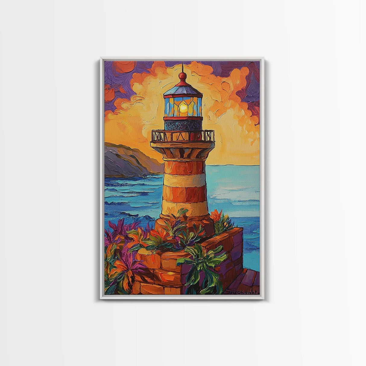 Lighthouse Ocean, Sunset, Boho, Framed Canvas Print, Lighthouse Wall Art, Coastal Decor, Nautical Sunset Canvas, Living Room Boho Artwork